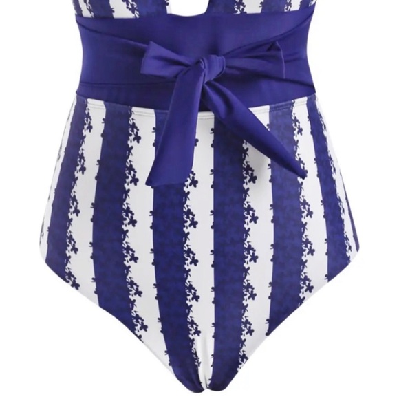 Striped Floral One‑Piece ✦ Halter Cutout Backless Swimsuit ✦ Coastal Resort M - Picture 7 of 11